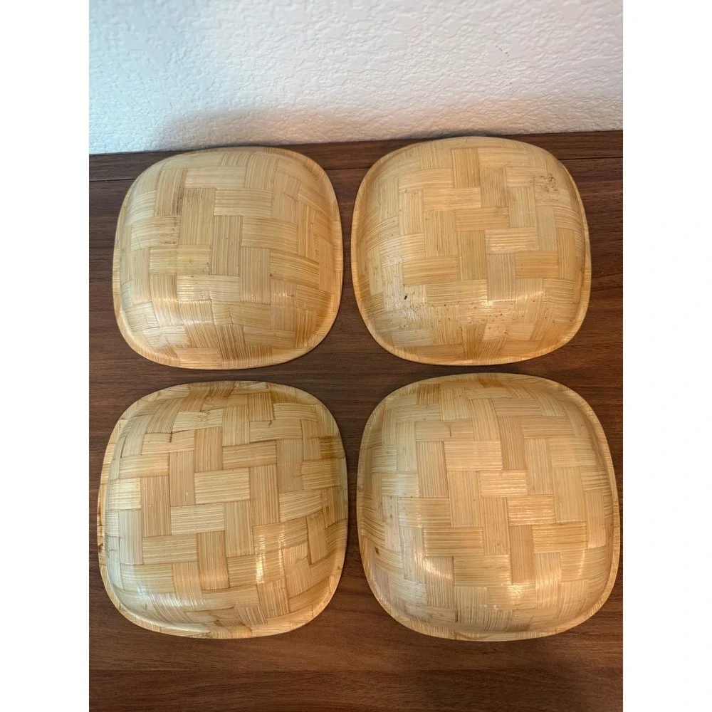 Vintage Set of 4 Bamboo Woven Handpainted Vegetable Bowls 6
